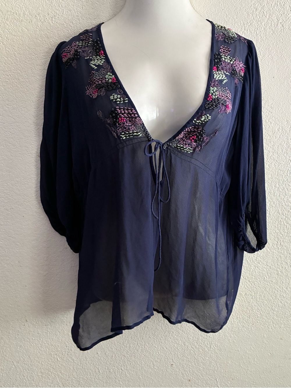 Anthropologie Saivana Silk Beaded Sheer Embroidered V-Neck Peasant Navy Blouse M